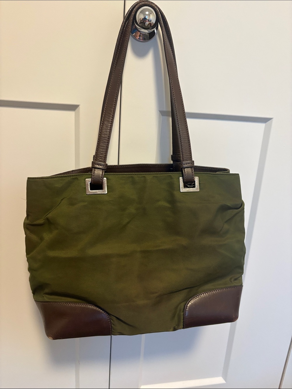 [Prada] Olive Green Nylon Shoulder Bag Handbag Purse Small Tote w/ Brown Leather - Picture 4 of 16